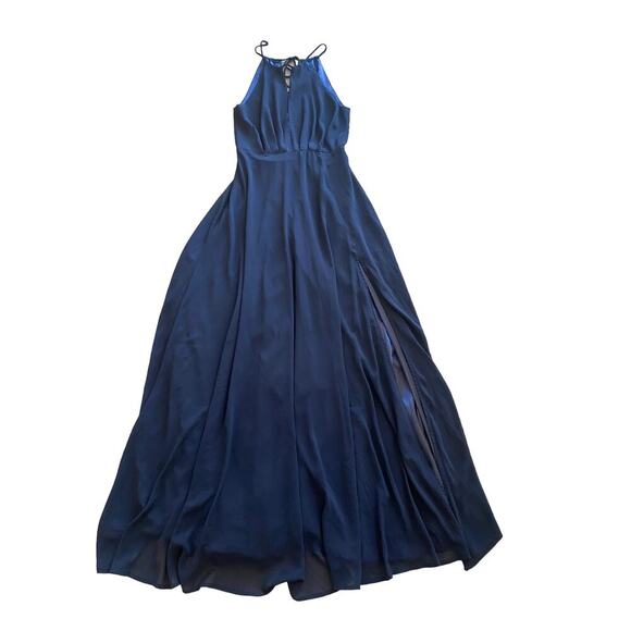Lulus Aim for Amour Navy Blue Halter Neck Chiffon Maxi Slit Women's Dress M - Picture 5 of 12